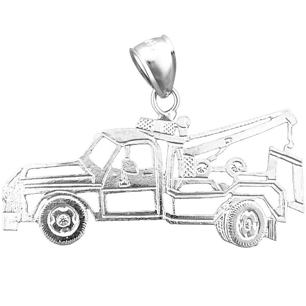 Rhodium Plated 925 Sterling Silver Outlined Tow Truck Pendant