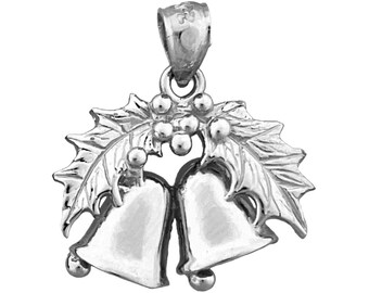 Rhodium Plated 925 Sterling Silver Holly Christmas Bells Pendant