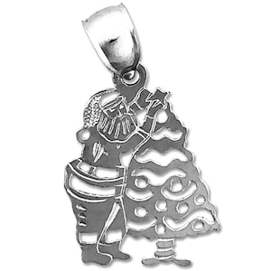 Rhodium Plated 925 Sterling Silver Cutout Santa Claus with Christmas Tree Charm