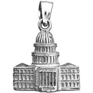 May include: Silver charm in the shape of the United States Capitol Building. The charm is detailed with the dome and columns of the building.