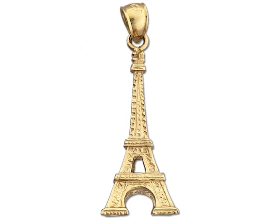 14K YELLOW GOLD POLISHED 3-D PARIS EIFFEL TOWER CHARM  PENDANT 1" INCH LENGTH 
