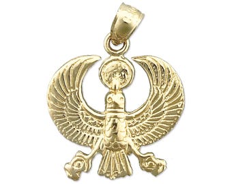 May include: A gold pendant featuring a detailed depiction of the Egyptian goddess Isis with outstretched wings. The pendant is made of 14k gold and has a polished finish.