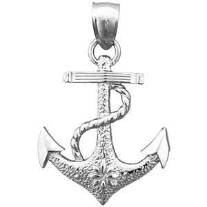 Rhodium Plated 925 Sterling Silver 25MM Ship Rope and Anchor Pendant