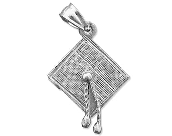 Rhodium Plated 925 Sterling Silver 3D Graduation Cap with Tassel Charm