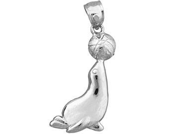 Rhodium Plated 925 Sterling Silver Sea Lion with Ball Charm