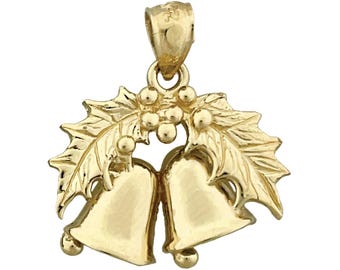 14K Gold Holly Christmas Bells Pendant