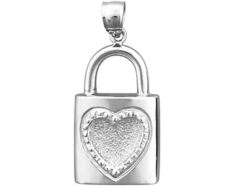 Rhodium Plated 925 Sterling Silver Padlock Pendant with Stamped Heart