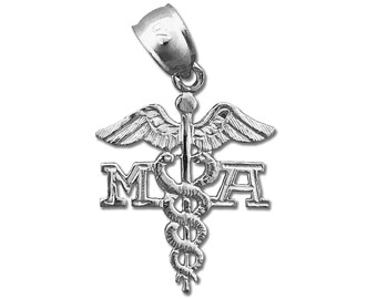 Rhodium Plated 925 Sterling Silver Medical Assistant MA Caduceus Charm