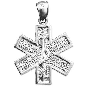 Rhodium Plated 925 Sterling Silver Star of Life Rod of Asclepius Pendant