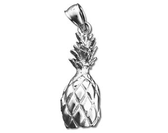 May include: A silver pineapple charm pendant. The pineapple is detailed with a textured surface and a leafy crown.