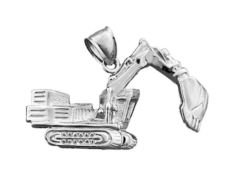 Rhodium Plated 925 Sterling Silver Crawler Excavator Pendant