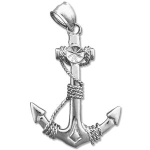 Rhodium Plated 925 Sterling Silver 3D Ship Anchor and Sailor Rope Pendant