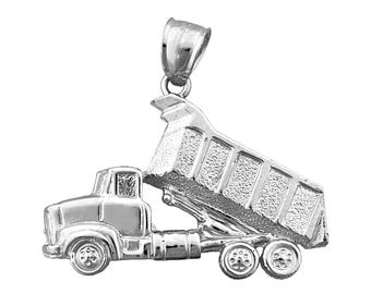 Rhodium Plated 925 Sterling Silver Construction Dump Truck Pendant