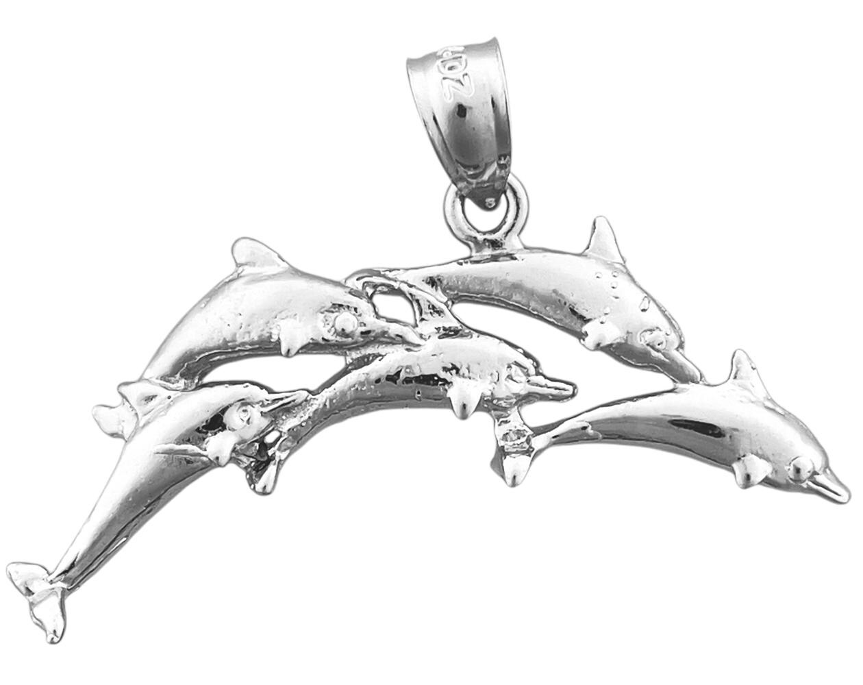 Rhodium Plated 925 Sterling Silver Quintet Arch of Five Dolphins Pendant