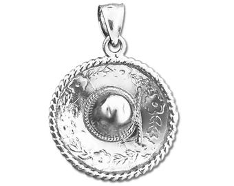 Rhodium Plated 925 Sterling Silver 3D Sombrero Mexican Hat Pendant