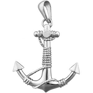 Rhodium Plated 925 Sterling Silver 3-D Ship Anchor and Sailor Rope Pendant