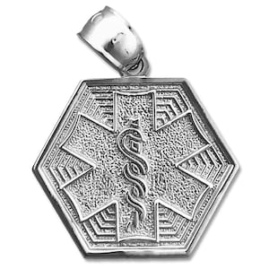 Rhodium Plated 925 Sterling Silver Rod of Asclepius with Star of Life Charm