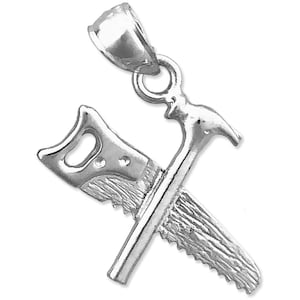 Rhodium Plated 925 Sterling Silver 3D Hammer and Saw Tool Charm