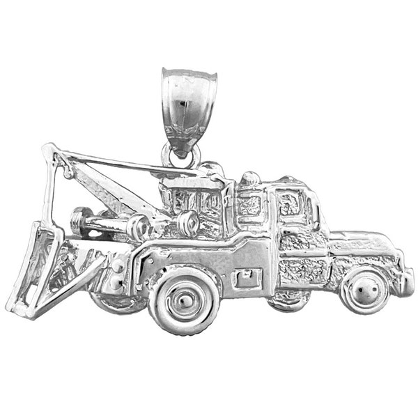 Rhodium Plated 925 Sterling Silver Tow Truck Pendant