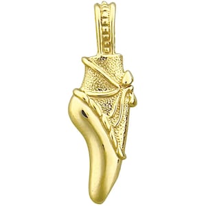 May include: A gold pendant with an ornate design. The pendant has a textured surface and decorative features. The bail is embellished with small, raised details. The overall design is intricate and elegant, suitable for a necklace.