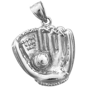 Rhodium Plated 925 Sterling Silver 25MM Baseball Mitt with Ball Pendant