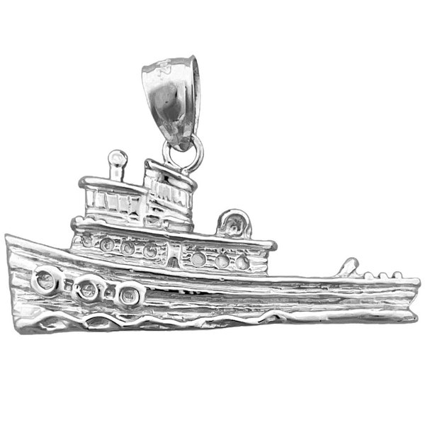 Rhodium Plated 925 Sterling Silver Tug Boat Pendant