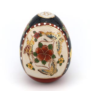 Vintage Hand Painted Japanese Porcelain Egg | Moriage Floral Butterfly Decor (3.5")