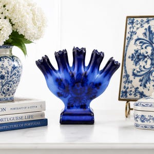 Vintage Hand-Painted Blue Pottery Tulipiere | Alcobaça Flower Frog Vase