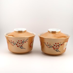 May include: Two matching ceramic bowls with lids, featuring a glossy light orange finish. Each bowl is decorated with a black branch motif, red circular berries, and small white star-shaped accents. The lids have a white rim and center knob.