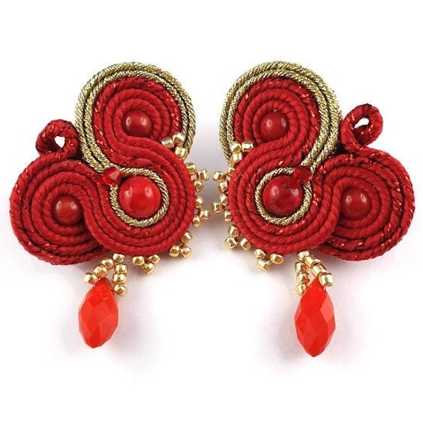 Red Gold Soutache Earrings, Christmas Earrings, Small Earrings, Beaded Earrings, Stud Earrings, Red Hand Made Earrings