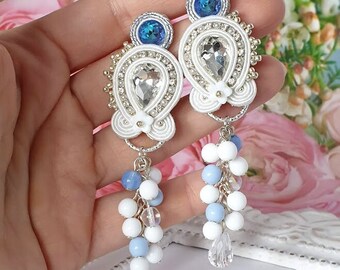 White Blue Earrings, Soutache White Earrings With Crystals, Stud White Earrings, Wedding Earrings, Brides Earrings, Statement,