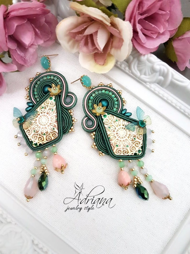 Butterfly Soutache Earrings With Ornamental Cabochons In Emerald Rose Colour