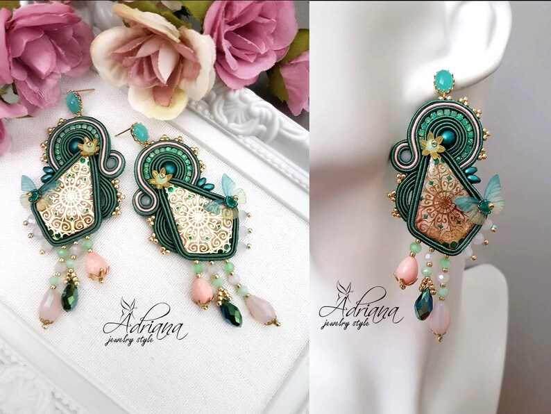 Butterfly Soutache Earrings With Ornamental Cabochons In Emerald Rose Colour