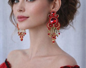Crystal Red Earrings, Soutache Earrings, Handmade, Statement Earrings