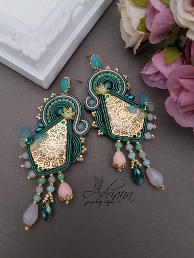 Butterfly Soutache Earrings With Ornamental Cabochons In Emerald Rose Colour
