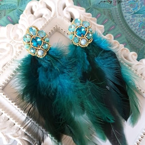 Turquoise Black Feather Earrings - Handmade Boho Statement - Unique Feather Earrings for Her - Embroidery Crystal Earrings