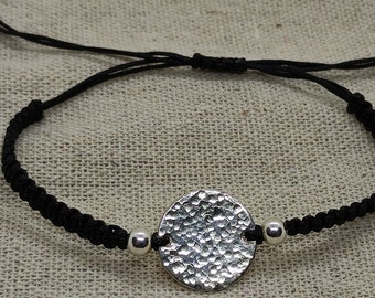 Black bracelet adjustable silver hammered sterling