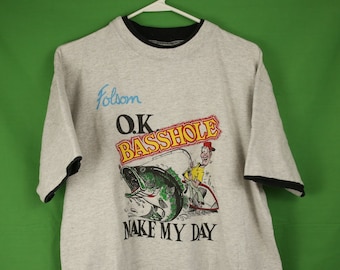 Vintage 90s Folsom Oklahoma Souvenir T-Shirt Large Made in USA Model T Tag Single Stitch Double Sleeve Funny Gag Fishing Basshole Bass 80s
