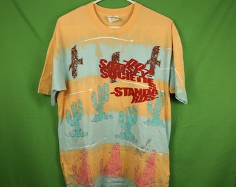 Vintage 80s Beverly Hills Blues Tie Dye T-Shirt Medium-Large Fit USA Made Single Stitch Abstract Glitter Western Striped Cactus Wolf 90s