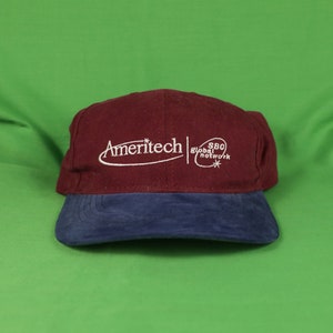Vintage 90s Ameritech SBC Global Leather Strapback Hat Made in USA Two Tone Burgundy Navy / 6 Panel Cap Internet Online Telephone