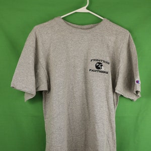 Vintage 80s Champion Ringer T-Shirt Large Single Stitch Made in USA Heather Gray Fighting Panthers Football Cotton Blend SOFT Long 90s