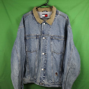 Vintage 90s Tommy Hilfiger Denim Coat Button Down Jean Jacket XXL / Khaki Collar Embroidered Logo Patch
