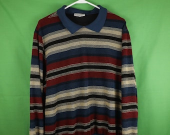 Vintage Alfred Dunner Striped Long Sleeve Collared Shirt XXL Terry Cloth Polo Rugby Blue Tan Red 80s 90s Sweater Pullover Sweatshirt