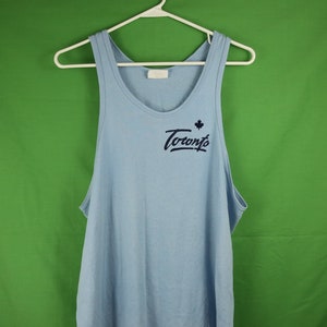 Vintage 80s Toronto Felt Print Penmans Tank Top Large Single Stitch Made in Canada Baby Blue Poly Cotton Blend Blue Jays Raptors Maple Leaf
