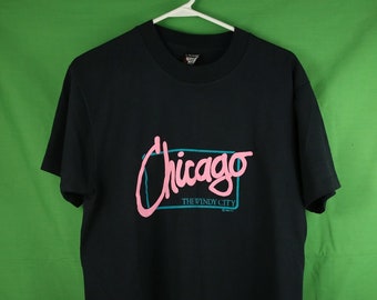 Vintage 80s Chicago Souvenir T Shirt Large Screen Stars Best Made in USA Black Illinois Single Stitch Neon The Windy City Bulls White Sox