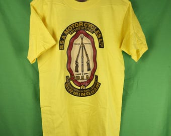 Vintage 80s BSA Motorcycles Birmingham T-Shirt Single Stitch Made in USA Yellow Oneita Power T Southern California Owners Club Deadstock