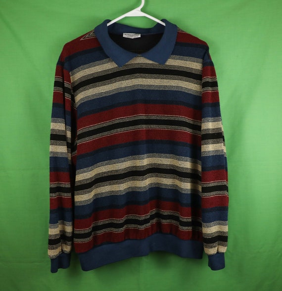 Vintage Alfred Dunner Striped Long Sleeve Collared Shirt XXL Terry Cloth  Polo Rugby Blue Tan Red 80s 90s Sweater Pullover Sweatshirt 