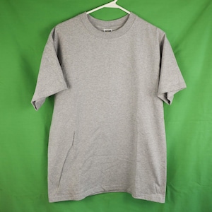 May include: A plain grey t-shirt with short sleeves and a crew neck.