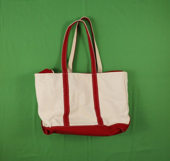 Vintage LL Bean Boat n Tote Bag Natural / Red SDB Monogram Zipper Closure Large