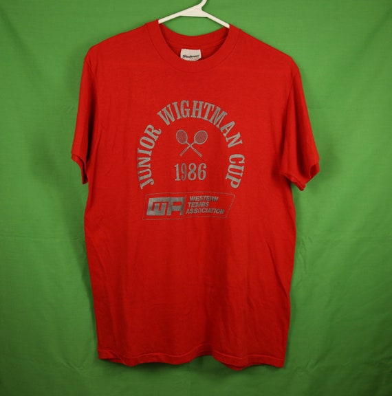 Vintage 80s Tennis T-Shirt 1986 Western Tennis Association Junior Wightman Cup Stedman Tag Large Made in USA Single Stitch Tennis Racket